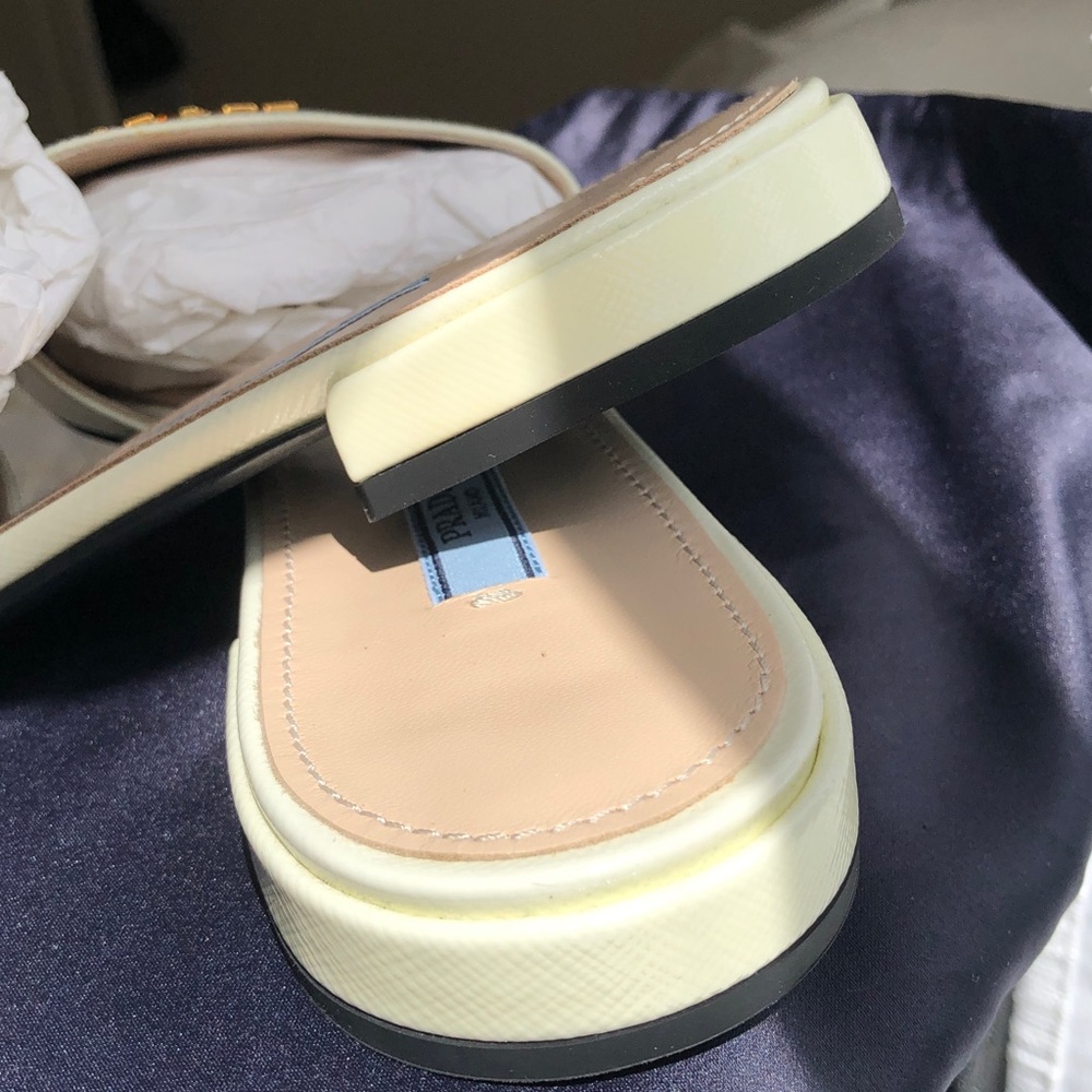 Prada Gold Logo Cream Sandals. New. - Picture 7 of 9
